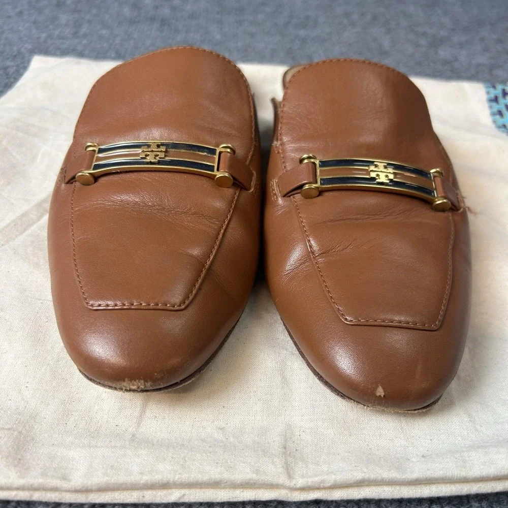 Tory Burch Loafer Shoes Womens Size 8.5 Brown Leather Mule Slip On Bit Logo